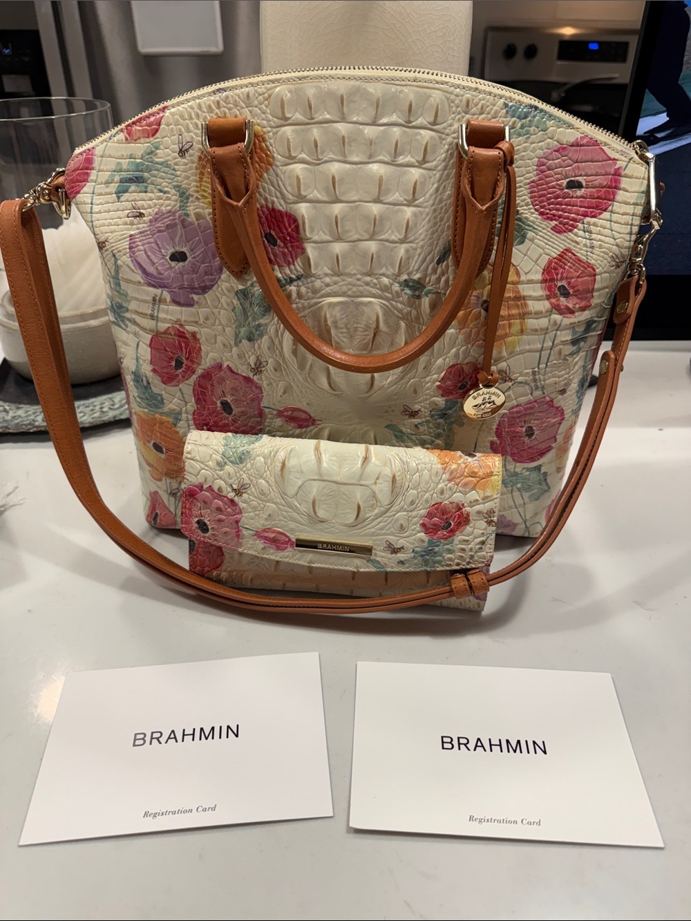 Brahmin Ivory Floral Embossed Tote with Tan Trim (Like New)